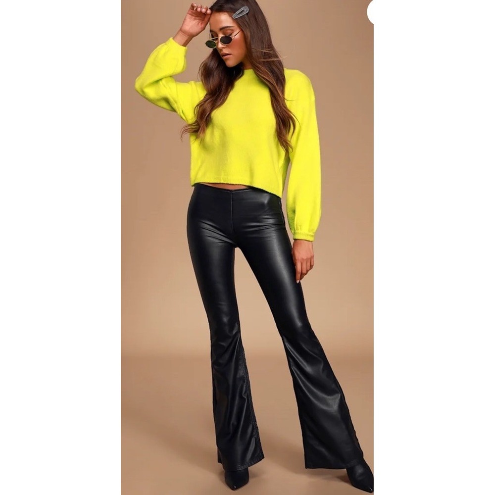 Free People Black Penny Pull On faux Leather Flare Pants Black Bell Bottoms 28"
